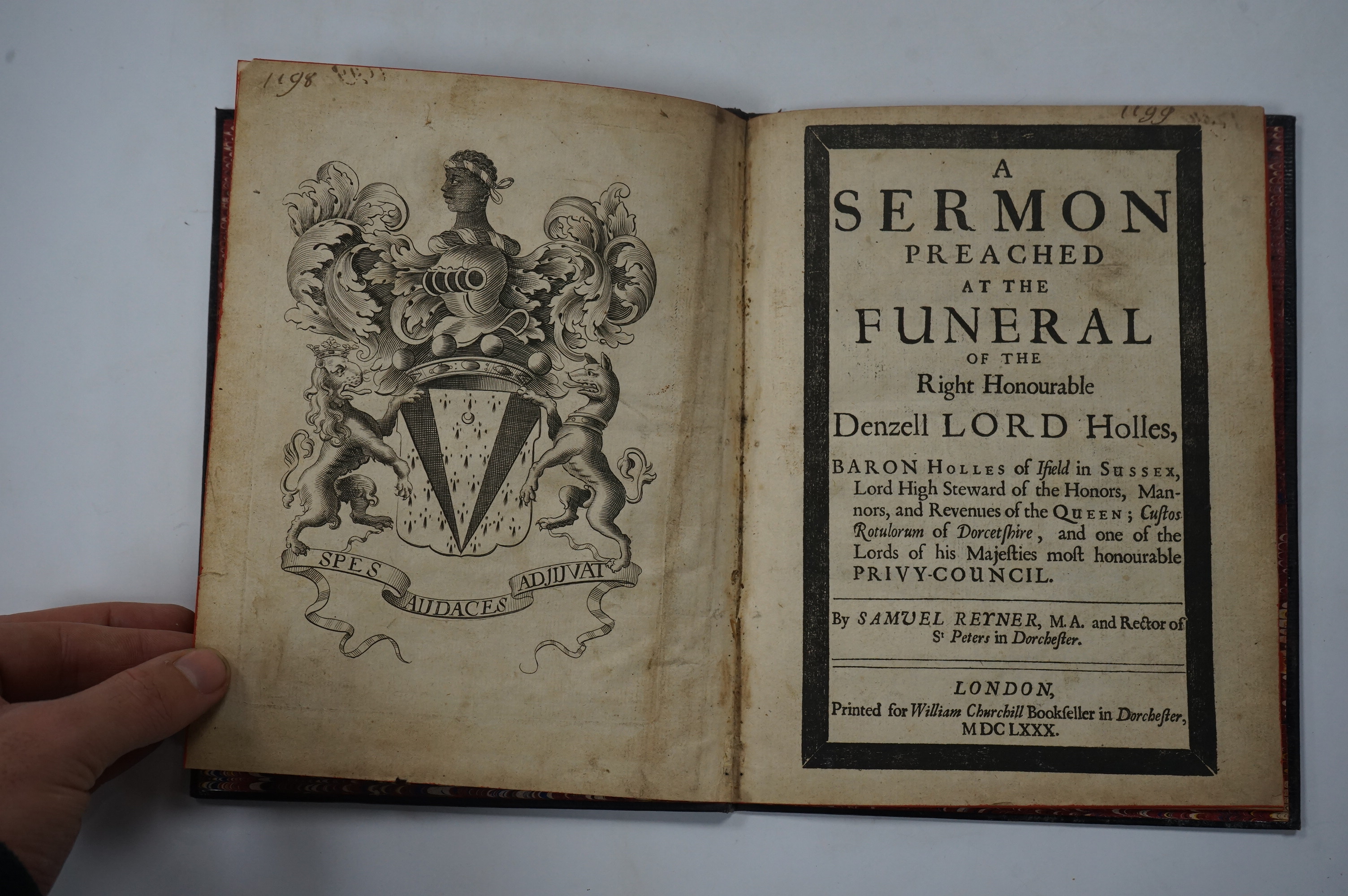 Reyner, Samuel. - A Sermon Preached at the Funeral of the Right Honourable Denzell Lord Holles, Baron Holles of Ifield, Sussex..London, William Churchill, 1680, 28pp, later full morocco.